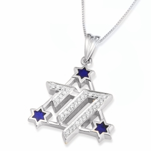 14K Yellow Gold & Blue Enamel Star of David Chai Diamond Pendant